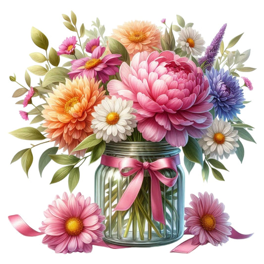 Flowers in a Jar Fabric Panel 9 featuring a vibrant bouquet of mixed flowers in a glass jar with a pink ribbon bow.