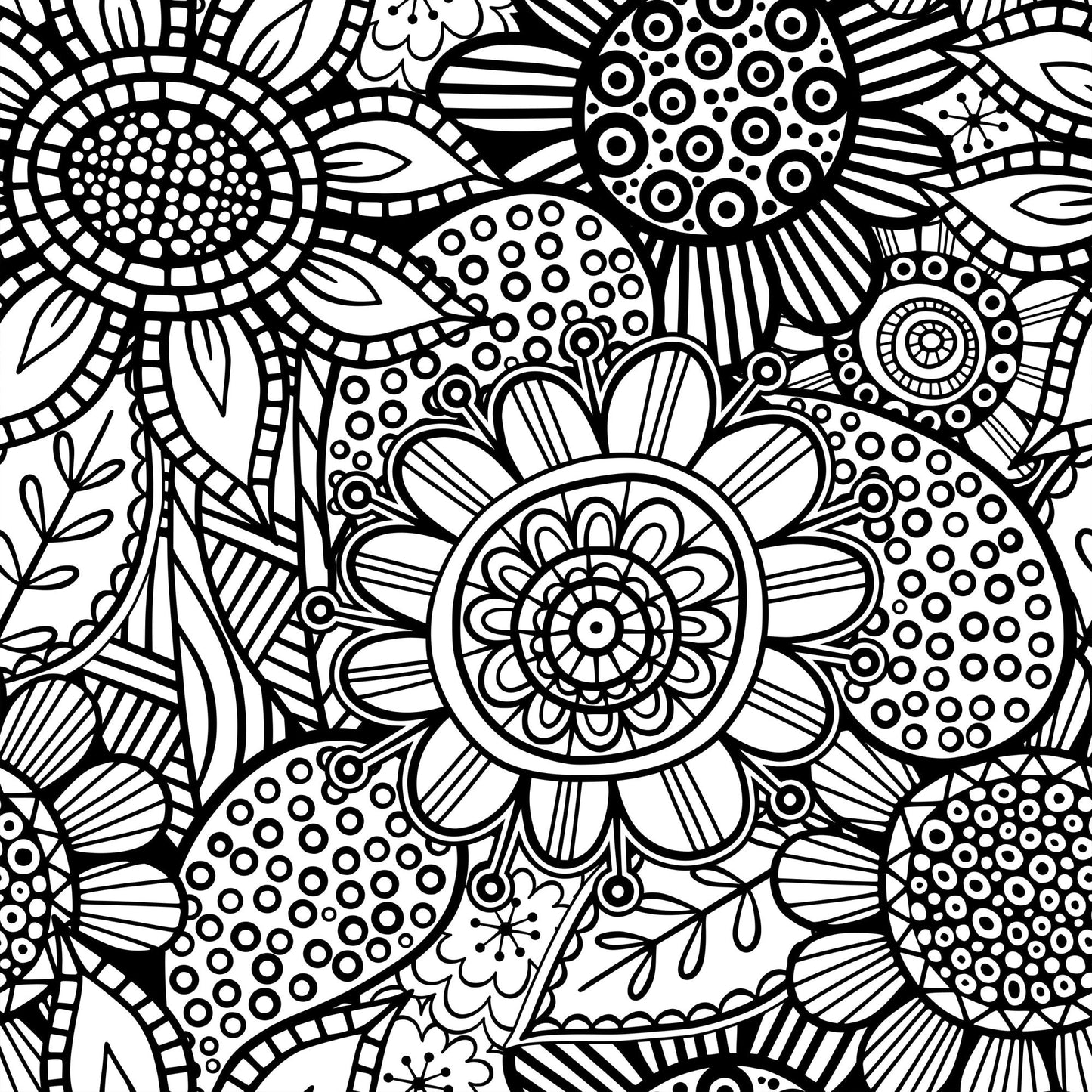 Folk Art Florals Black and White Pattern 10 Quilting Cotton Fabric