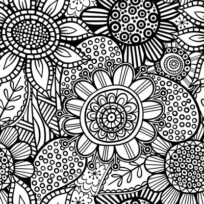 Folk Art Florals Black and White Pattern 10 Quilting Cotton Fabric