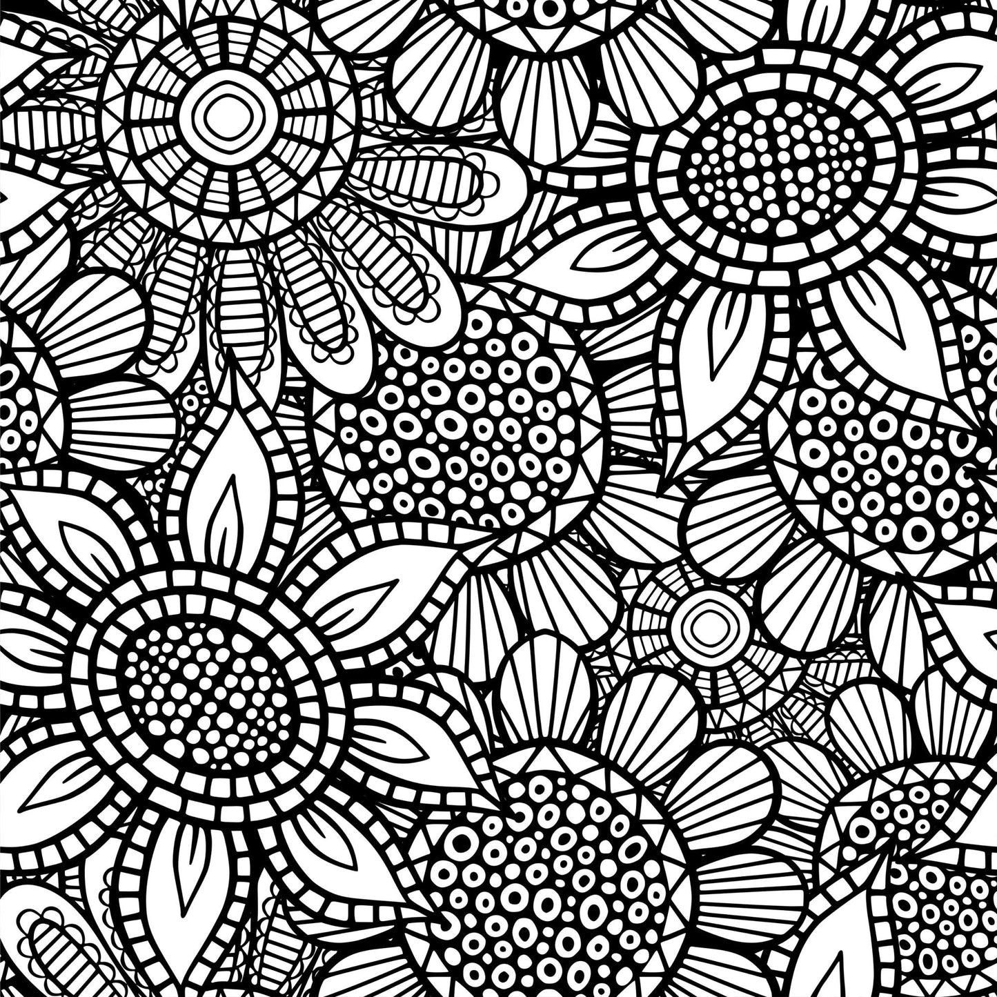 Folk Art Florals Black and White Pattern 1 Quilting Cotton Fabric
