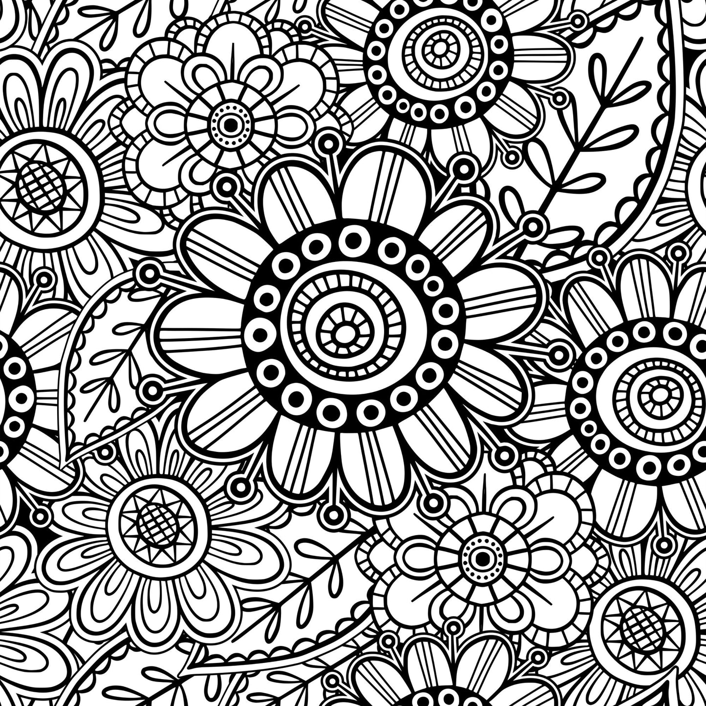 Folk Art Florals Black and White Pattern 2 Quilting Cotton Fabric
