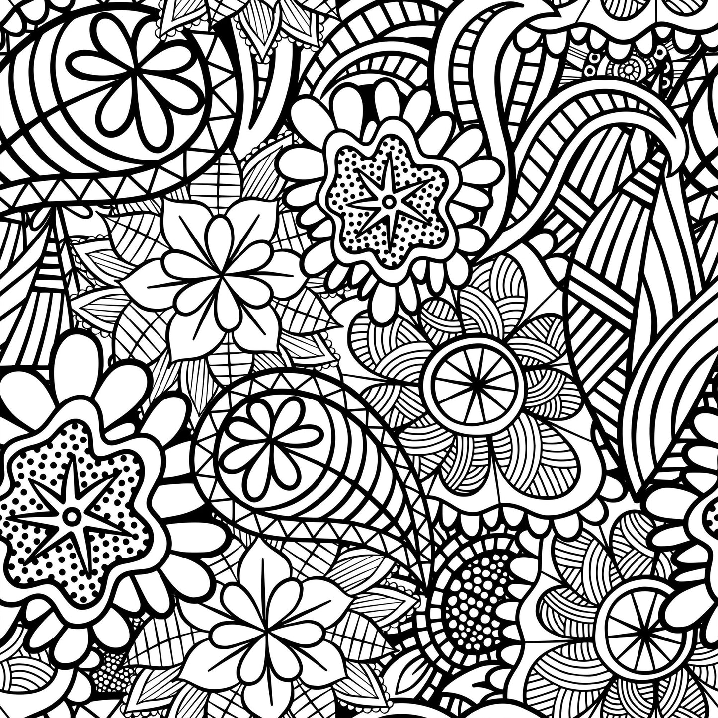 Folk Art Florals Black and White Pattern 4 Quilting Cotton Fabric