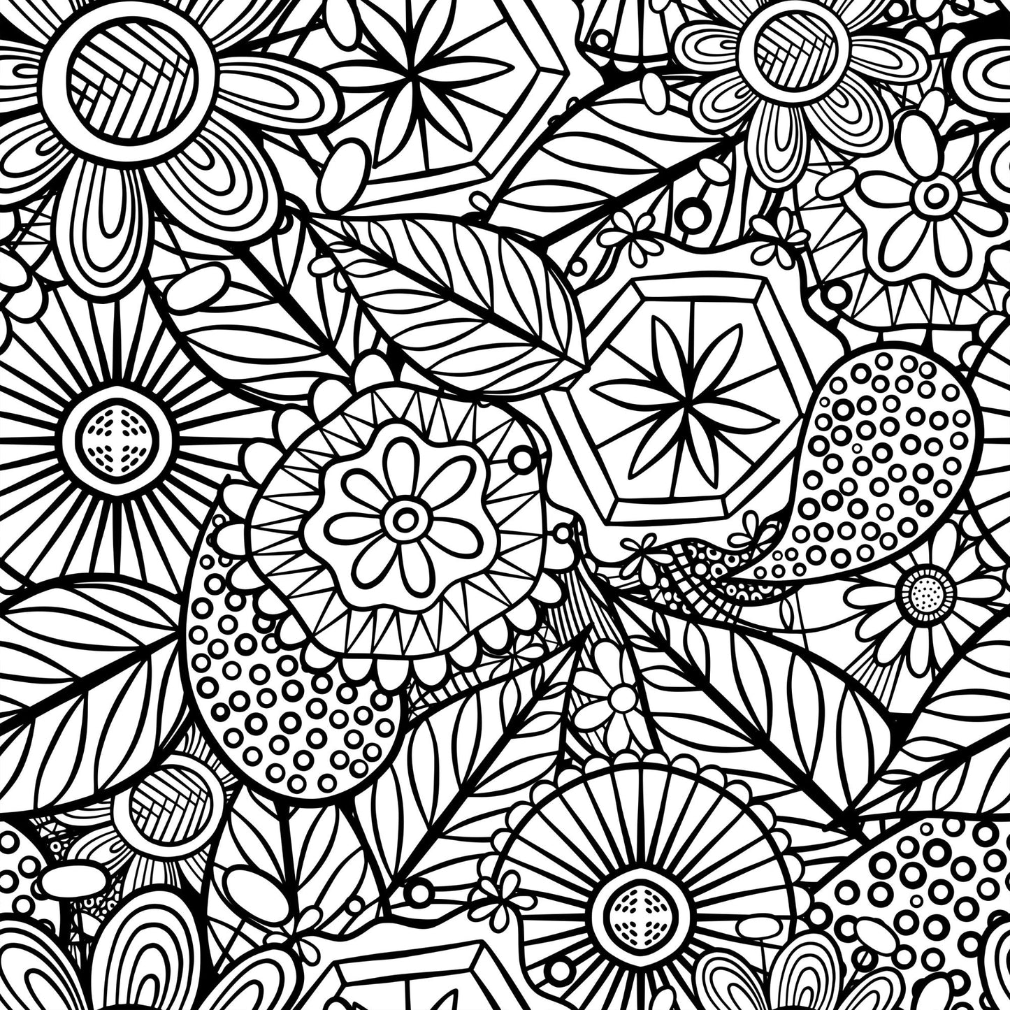 Folk Art Florals Black and White Pattern 6 Quilting Cotton Fabric