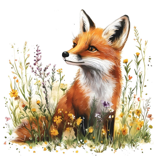 Foxes in Wildflowers Fabric Panel 1 features a detailed fox surrounded by colorful wildflowers on premium quilting cotton.
