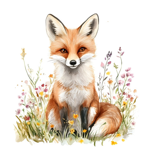 Foxes in Wildflowers Fabric Panel 10 featuring a detailed illustration of a fox sitting among colorful wildflowers on premium quilting cotton.