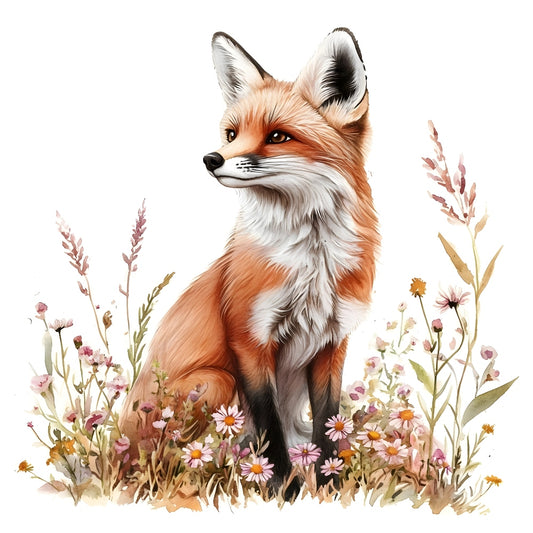 Foxes in Wildflowers Fabric Panel 2 features a detailed fox sitting amidst colorful wildflowers on premium quilting cotton.