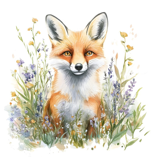 Foxes in Wildflowers Fabric Panel 3 featuring a detailed fox surrounded by colorful wildflowers on premium cotton.