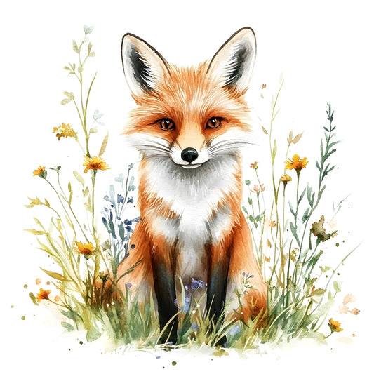 Foxes in Wildflowers Fabric Panel 4 featuring a detailed watercolor fox sitting among wildflowers on premium quilting cotton fabric.
