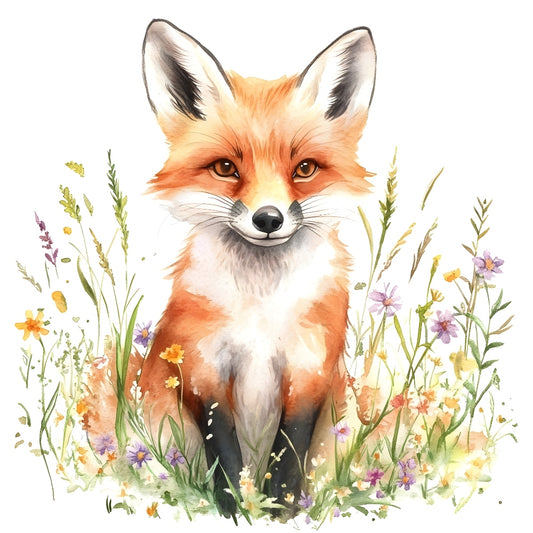 Foxes in Wildflowers Fabric Panel 6 featuring a detailed watercolor fox surrounded by colorful wildflowers.