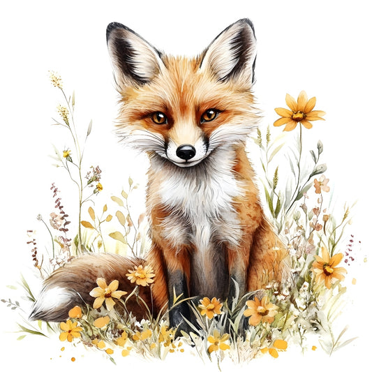 Foxes in Wildflowers Fabric Panel 7 features a detailed fox surrounded by yellow wildflowers on premium quilting cotton.