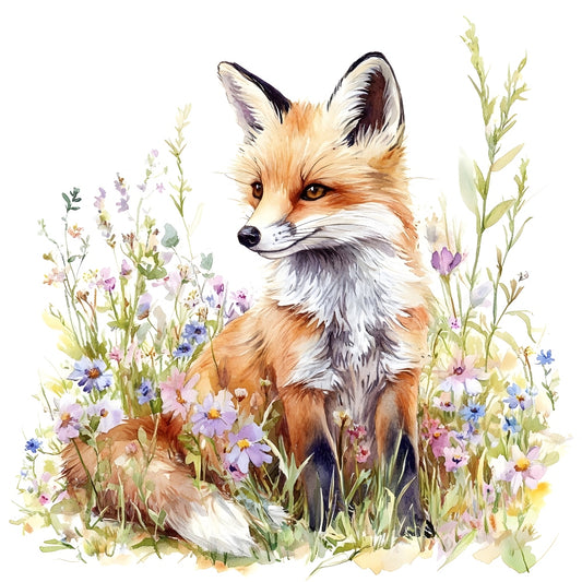 Foxes in Wildflowers Fabric Panel 9 featuring a detailed watercolor fox surrounded by colorful wildflowers on premium quilting cotton.