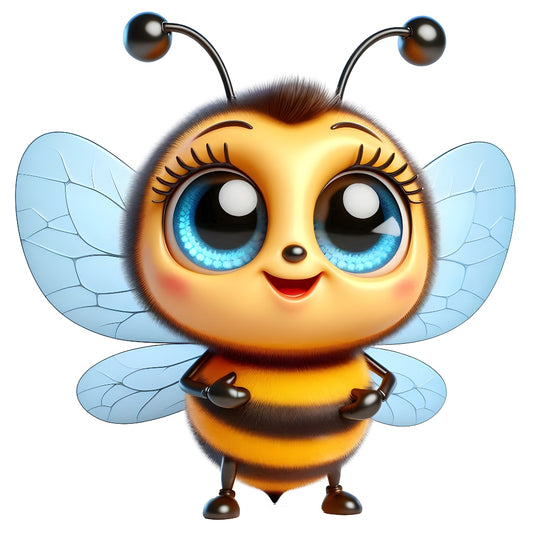 Funny Cartoon Bees Fabric Panel 1 featuring a cute, smiling bee with big blue eyes and translucent wings on quilting cotton.