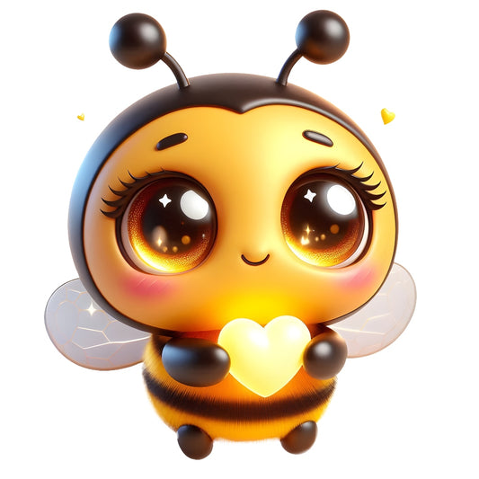 Funny Cartoon Bees Fabric Panel 10 featuring a cute bee character with big eyes holding a glowing heart, printed on premium quilting cotton.