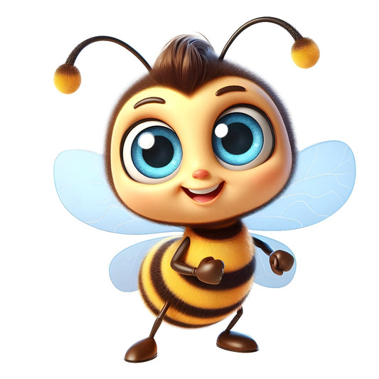 Funny Cartoon Bees Fabric Panel 13 featuring a cute, smiling bee with big blue eyes and striped yellow-black body.