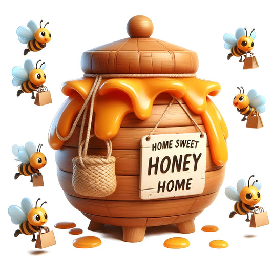 Funny Cartoon Bees Fabric Panel 15 featuring a wooden honey pot with dripping honey and bees carrying small baskets.