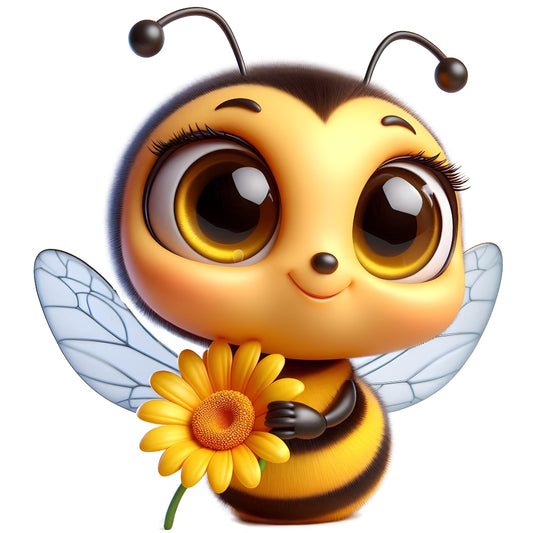 Funny Cartoon Bees Fabric Panel 16 features a cute bee with big eyes holding a yellow flower printed on premium quilting cotton.