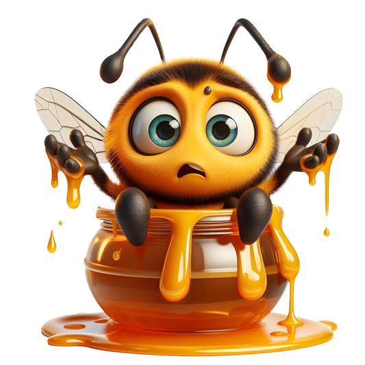 Funny Cartoon Bees Fabric Panel 17 featuring a cute surprised bee covered in honey sitting in a dripping honey pot, premium quilting cotton.
