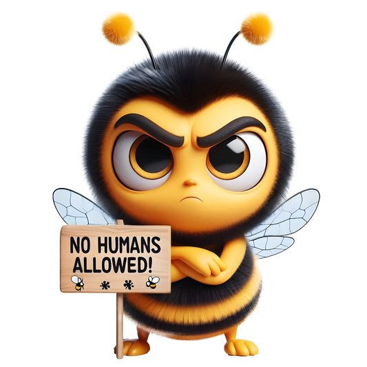 Funny Cartoon Bees Fabric Panel 19 features a grumpy bee holding a No Humans Allowed sign in a vibrant, detailed design.