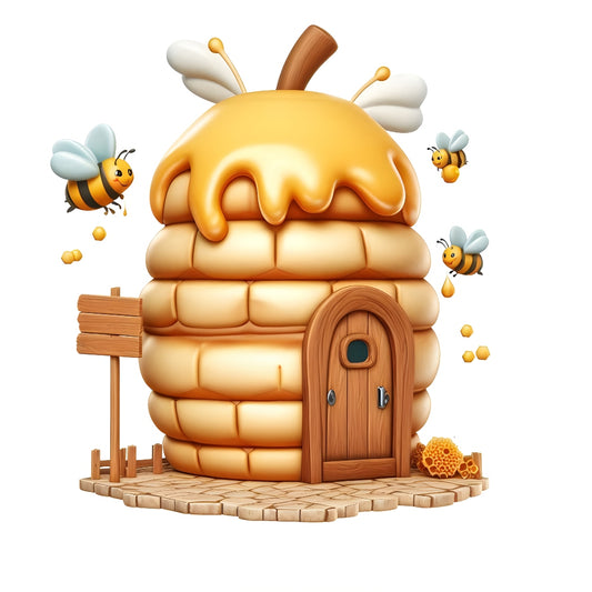 Funny Cartoon Bees Fabric Panel 2 featuring a whimsical bee hive house with cartoon bees and honey dripping on premium quilting cotton.