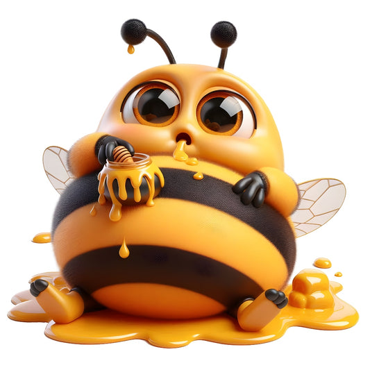 Funny Cartoon Bees Fabric Panel 21 featuring a chubby cartoon bee dripping honey, printed on premium quilting cotton.