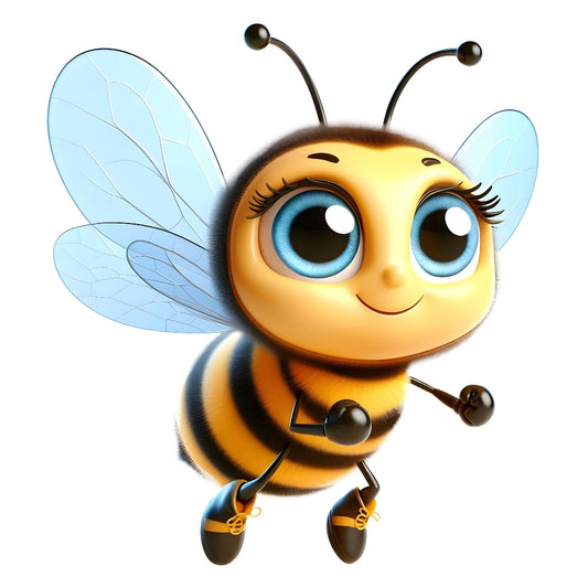 Funny Cartoon Bees Fabric Panel 26 featuring a cute 3D bee with big blue eyes and translucent wings, ideal for quilting cotton projects.