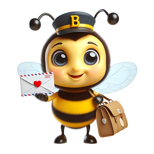 Funny Cartoon Bees Fabric Panel 3 featuring a cute bee in a mail carrier hat holding a letter and satchel, printed on premium cotton.