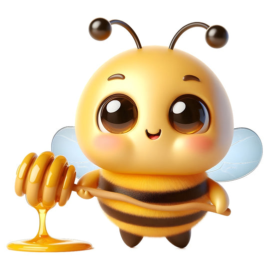 Funny Cartoon Bees Fabric Panel 6 shows a cute cartoon bee holding honey with big eyes, printed on premium quilting cotton.