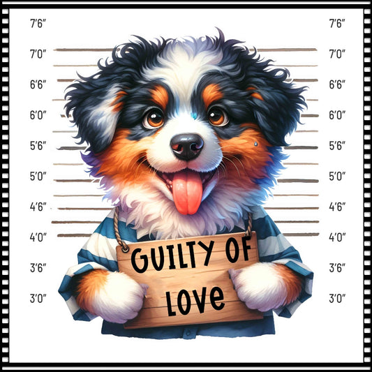 Funny Dog Mugshots Australian Shepherd Fabric Panel featuring a colorful, playful dog in a mugshot style holding a "Guilty of Love" sign.