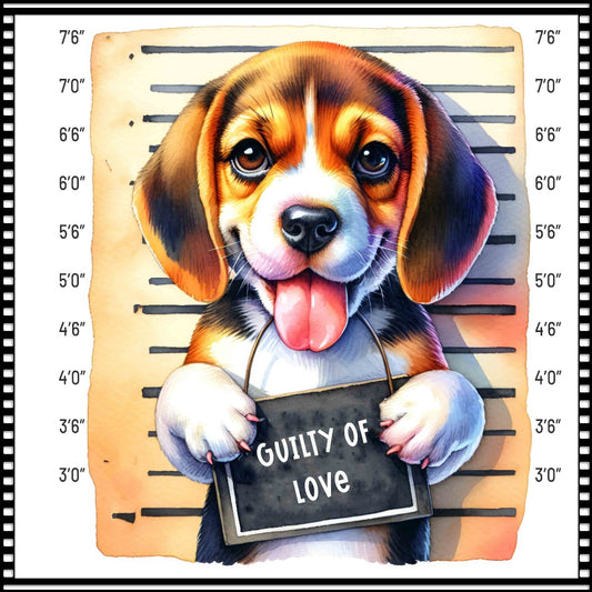 Funny Dog Mugshots Beagle Fabric Panel featuring a cute beagle puppy in a mugshot holding a sign that says Guilty of Love.