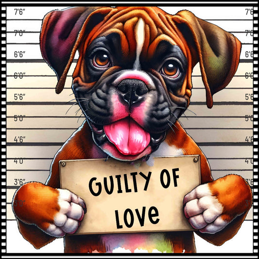 Funny Dog Mugshots Boxer Fabric Panel featuring a cute boxer puppy holding a "Guilty of Love" sign in a mugshot style.