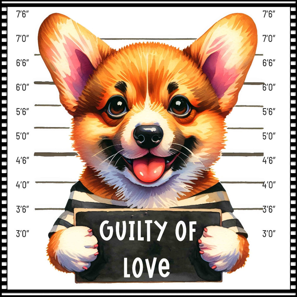 Funny Dog Mugshots Corgi Fabric Panel featuring a playful corgi in a striped outfit holding a "Guilty of Love" sign.