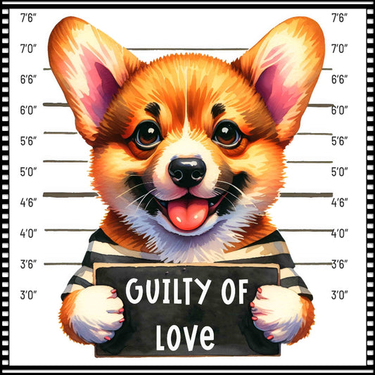 Funny Dog Mugshots Corgi Fabric Panel featuring a playful corgi in a striped outfit holding a "Guilty of Love" sign.