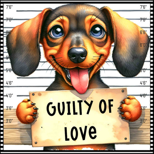 Funny Dog Mugshots Dachshund Fabric Panel featuring a cute dog holding a "Guilty of Love" sign with a height chart background.