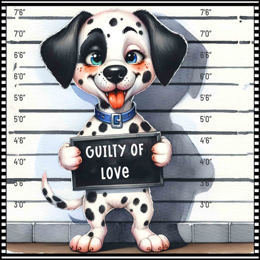 Funny Dog Mugshots Dalmatian Fabric Panel featuring a cute spotted puppy holding a "Guilty of Love" sign in a playful mugshot style.