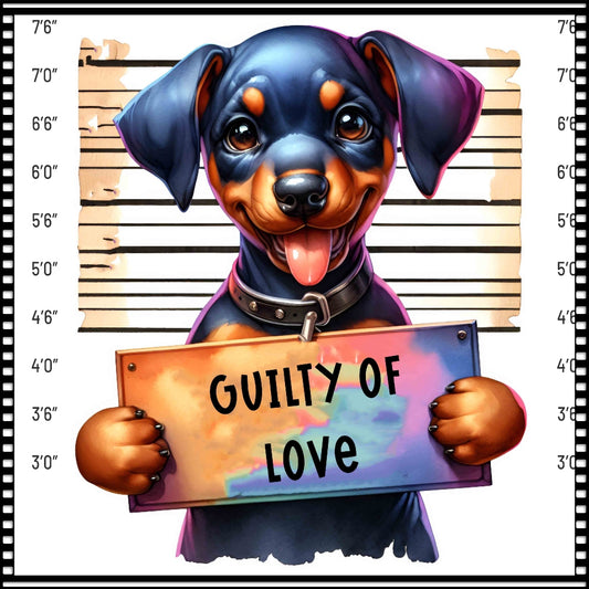 Funny Dog Mugshots Doberman Fabric Panel featuring a cute Doberman pup holding a colorful "Guilty of Love" sign.