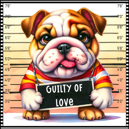 Funny Dog Mugshots English Bulldog Fabric Panel featuring a cute bulldog with a "Guilty of Love" sign in a colorful striped shirt.