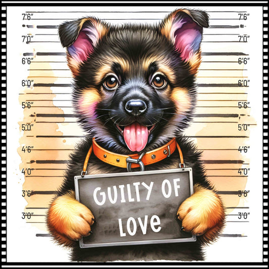 Funny Dog Mugshots German Shepherd Fabric Panel showing a cute puppy in a mugshot style holding a "Guilty of Love" sign.