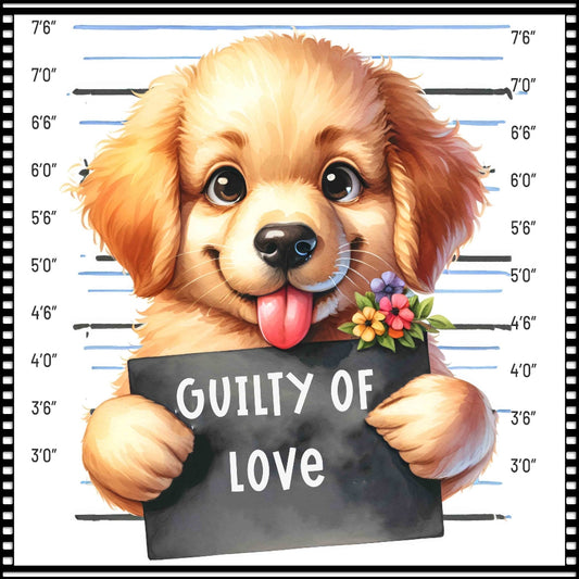 Funny Dog Mugshots Goldie Fabric Panel featuring a cute puppy holding a “Guilty of Love” sign with height chart background.