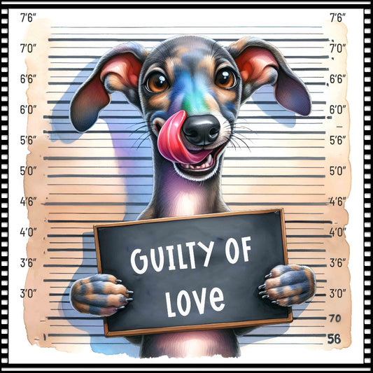 Funny Dog Mugshots Greyhound Fabric Panel featuring a playful greyhound holding a "Guilty of Love" sign in a mugshot style.