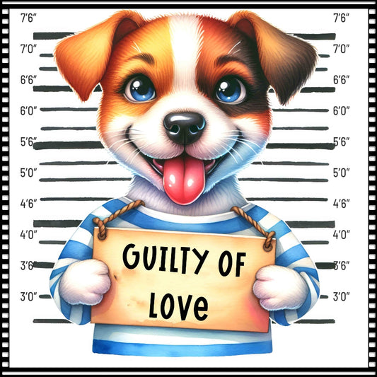 Funny Dog Mugshots Jack Russell Fabric Panel featuring a cute dog with a "Guilty of Love" sign and height chart background.