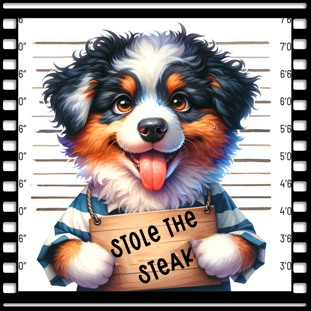 Funny Dog Mugshots Kopie 1 Fabric Panel featuring a happy dog in a mugshot style holding a sign saying stole the steak.