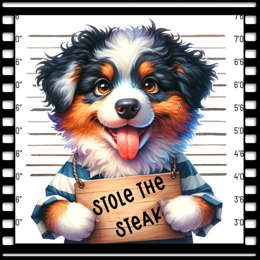 Funny Dog Mugshots Kopie 1 Fabric Panel featuring a happy dog in a mugshot style holding a sign saying stole the steak.