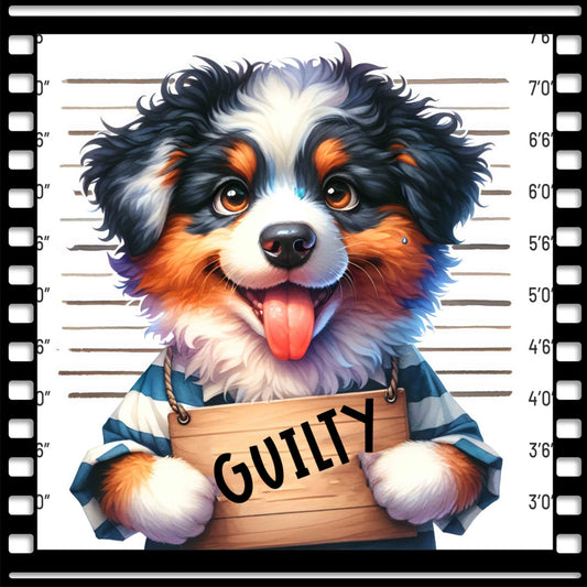 Funny Dog Mugshots Kopie 2 Fabric Panel featuring a happy puppy holding a guilty sign in a playful mugshot style.
