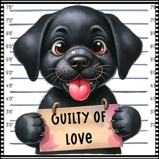 Funny Dog Mugshots Lab 1 Fabric Panel featuring a cute black lab puppy holding a "Guilty of Love" sign in a mugshot style.