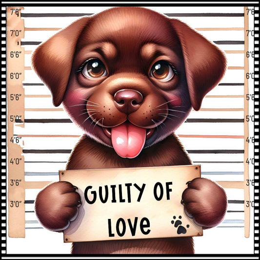 Funny Dog Mugshots Lab 3 Fabric Panel featuring a cute brown puppy holding a "Guilty of Love" sign in a mock mugshot style.