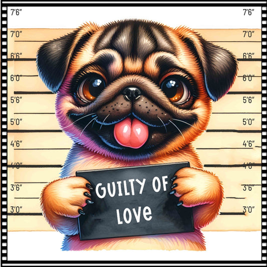 Funny Dog Mugshots Pug Fabric Panel featuring a cute pug holding a "Guilty of Love" sign in a police lineup style.