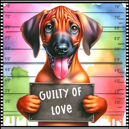 Funny Dog Mugshots Rhodesian Ridgeback Fabric Panel showing a cute dog holding a "Guilty of Love" sign with colorful height markings.