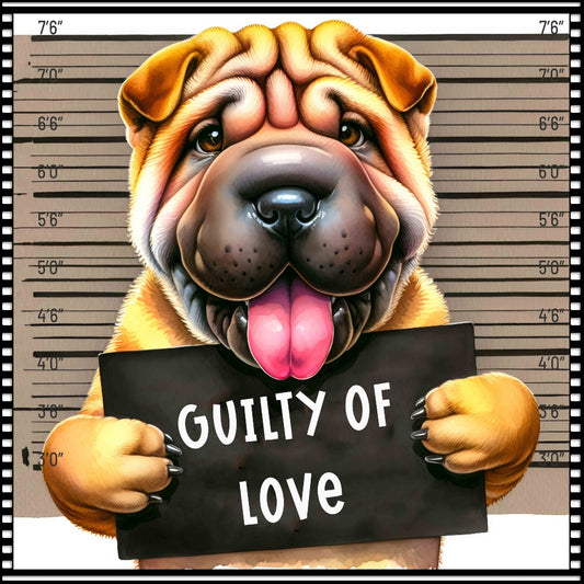 Funny Dog Mugshots Shar Pei Fabric Panel featuring a cute Shar Pei dog holding a "Guilty of Love" sign in a mugshot style.