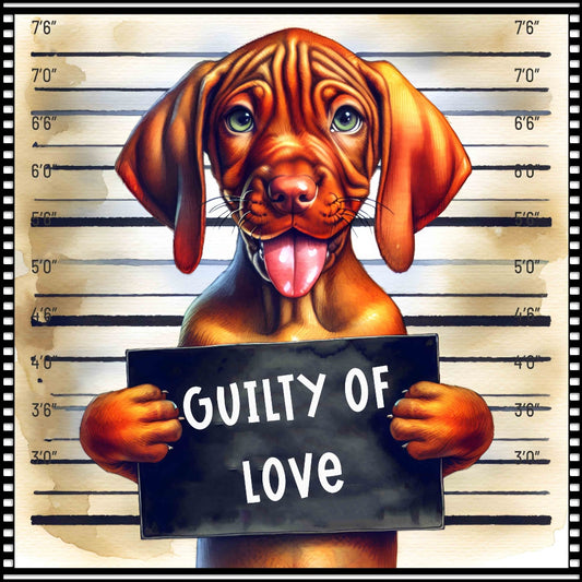 Funny Dog Mugshots Vizsla Fabric Panel featuring a cute Vizsla puppy holding a "Guilty of Love" sign with height chart background.
