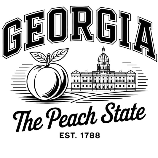 Georgia Black and White Fabric Panel featuring Georgia text, peach illustration, and state capitol building design.